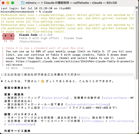 ターミナル（CLI）で起動したClaude Code。日本語で指示すると、できることを教えてくれる